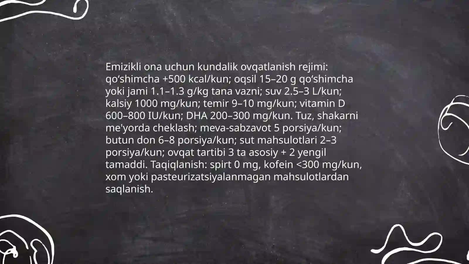 Emizikli onalarni ovqatlantirish tartibi qoʻshimcha ovqat kiritish kech kiritish asoratlari 6 oydan 2 yoshgacha bolalarga berish mumkin boʻlmagan mahsulotlar 3
