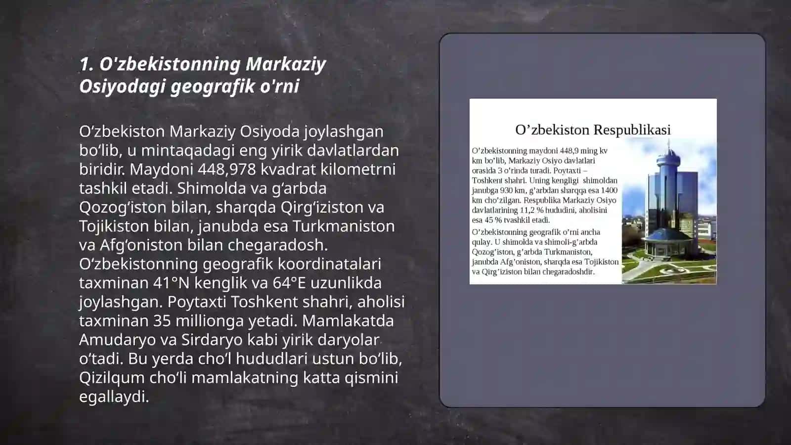 O'zbekistonning mintaqadagi geografik-siyosiy o'rni hududi aholisi va xo'jaligi 3