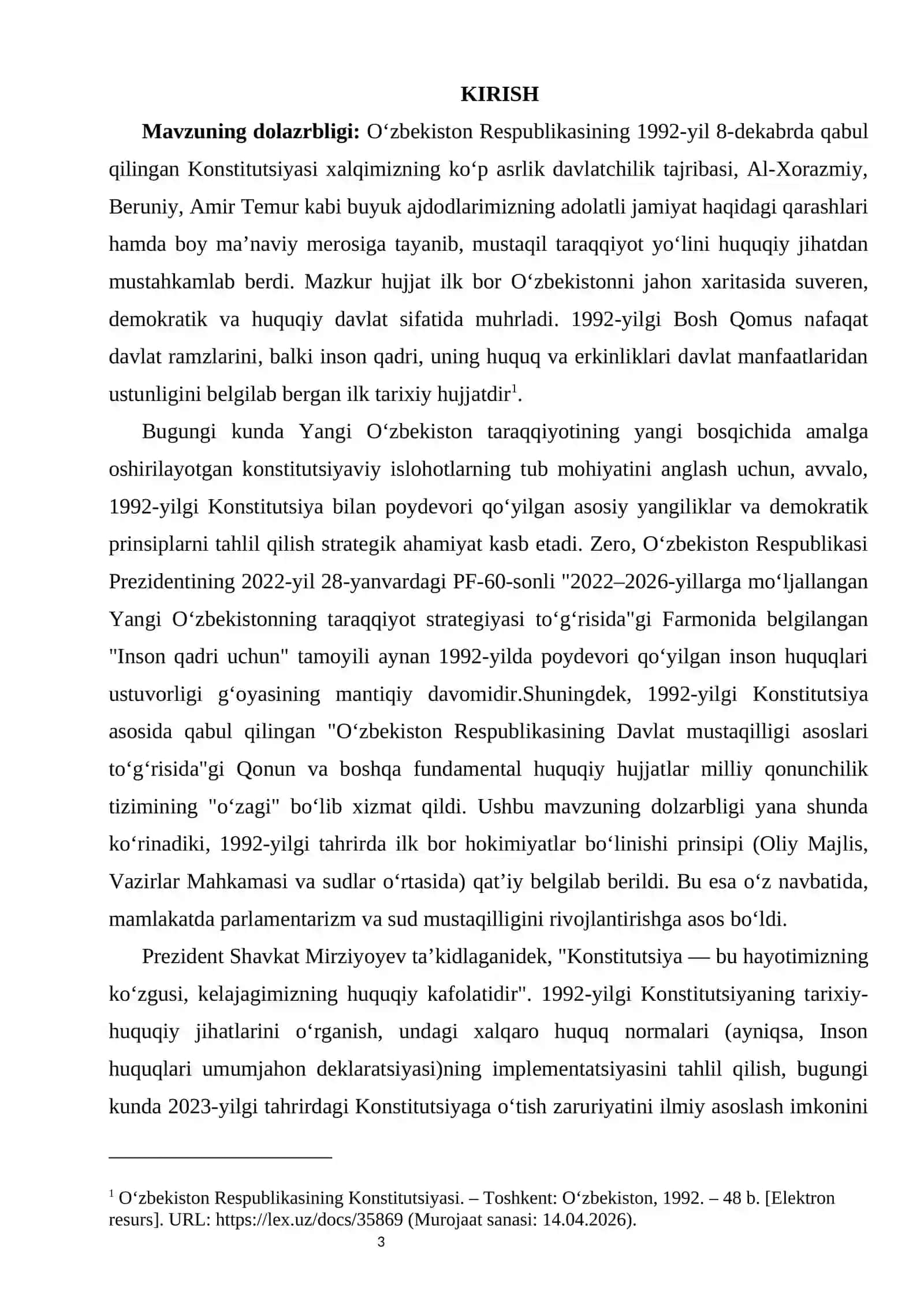 1992 yilda qabul qilingan Konstitutsiyaning asosiy yangiliklari kurs ishi 3