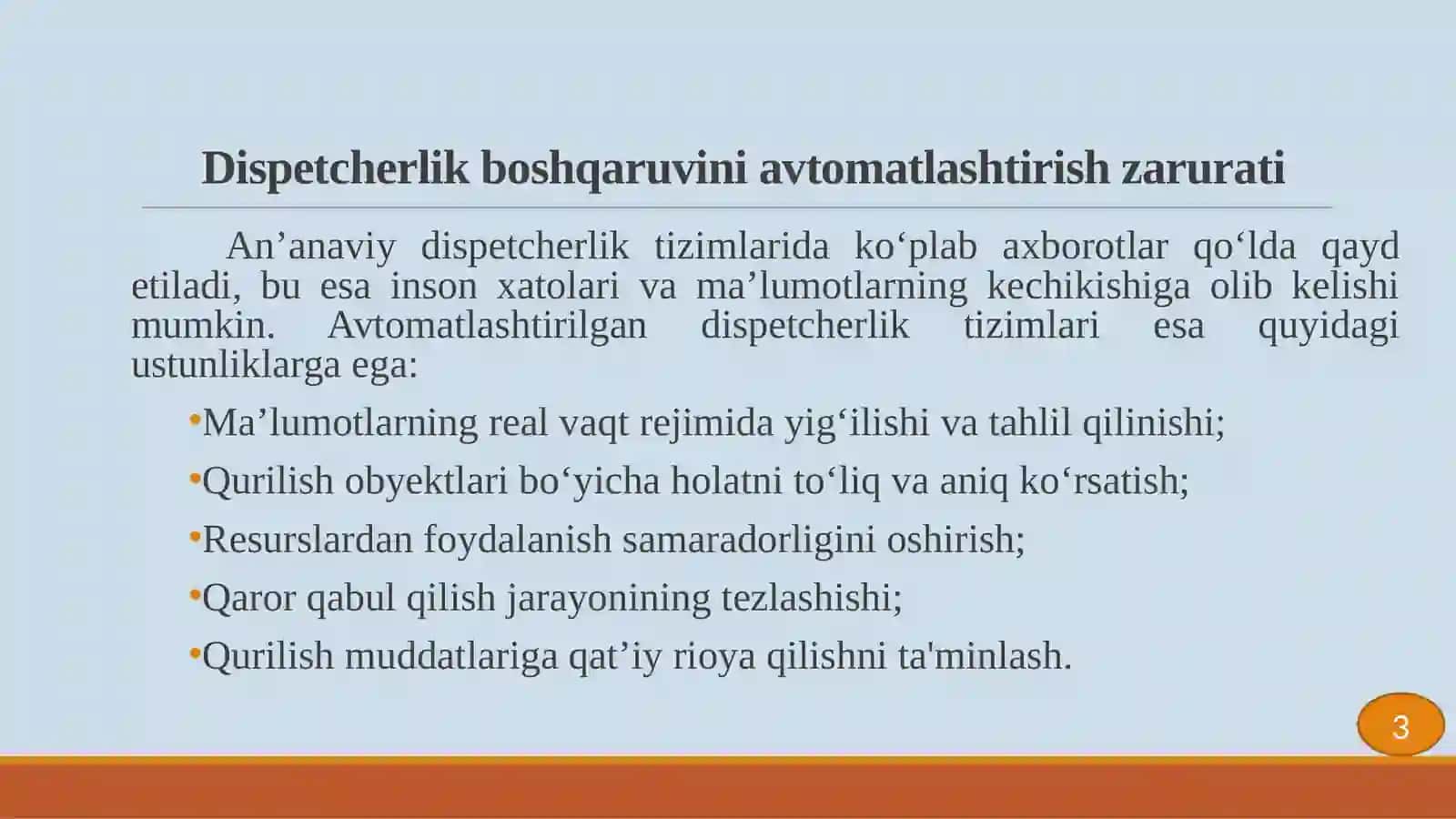 Qurilishda dispetcherlik boshqaruvi va uni avtomatlashtirish bo‘yicha amaliy yechimlar ishlab chiqish 3