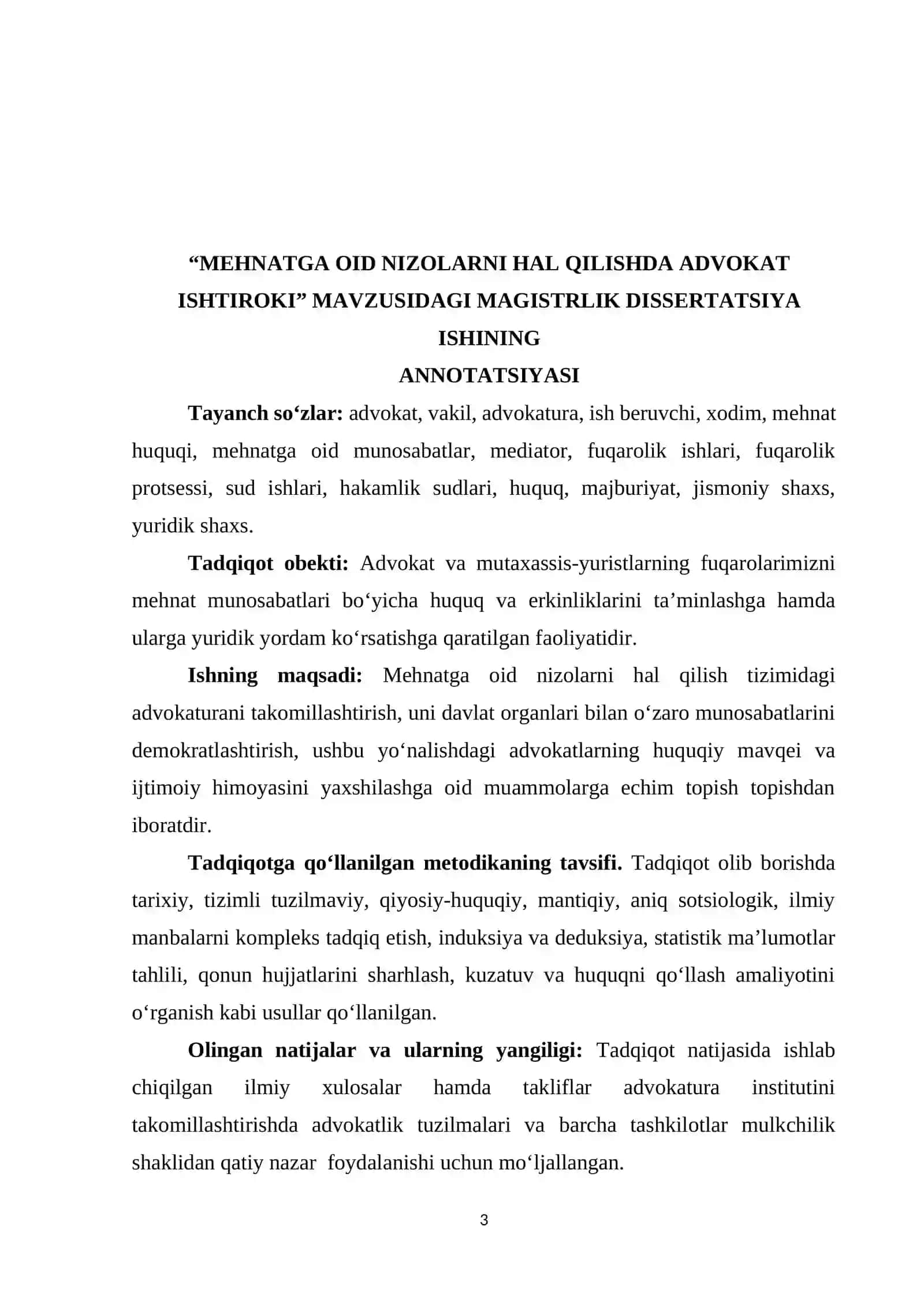 Magistrlik dissertatsiyasi "Mehnatga oid nizolarni hal qilishda advokat ishtiroki" 3