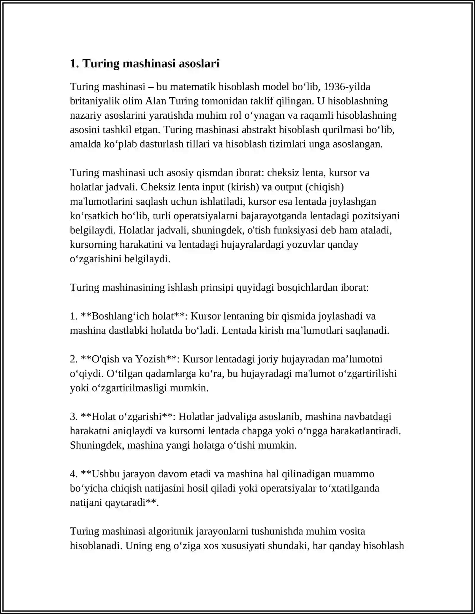 MUSTAQIL ISH Mavzu: TURING MASHINASI 3
