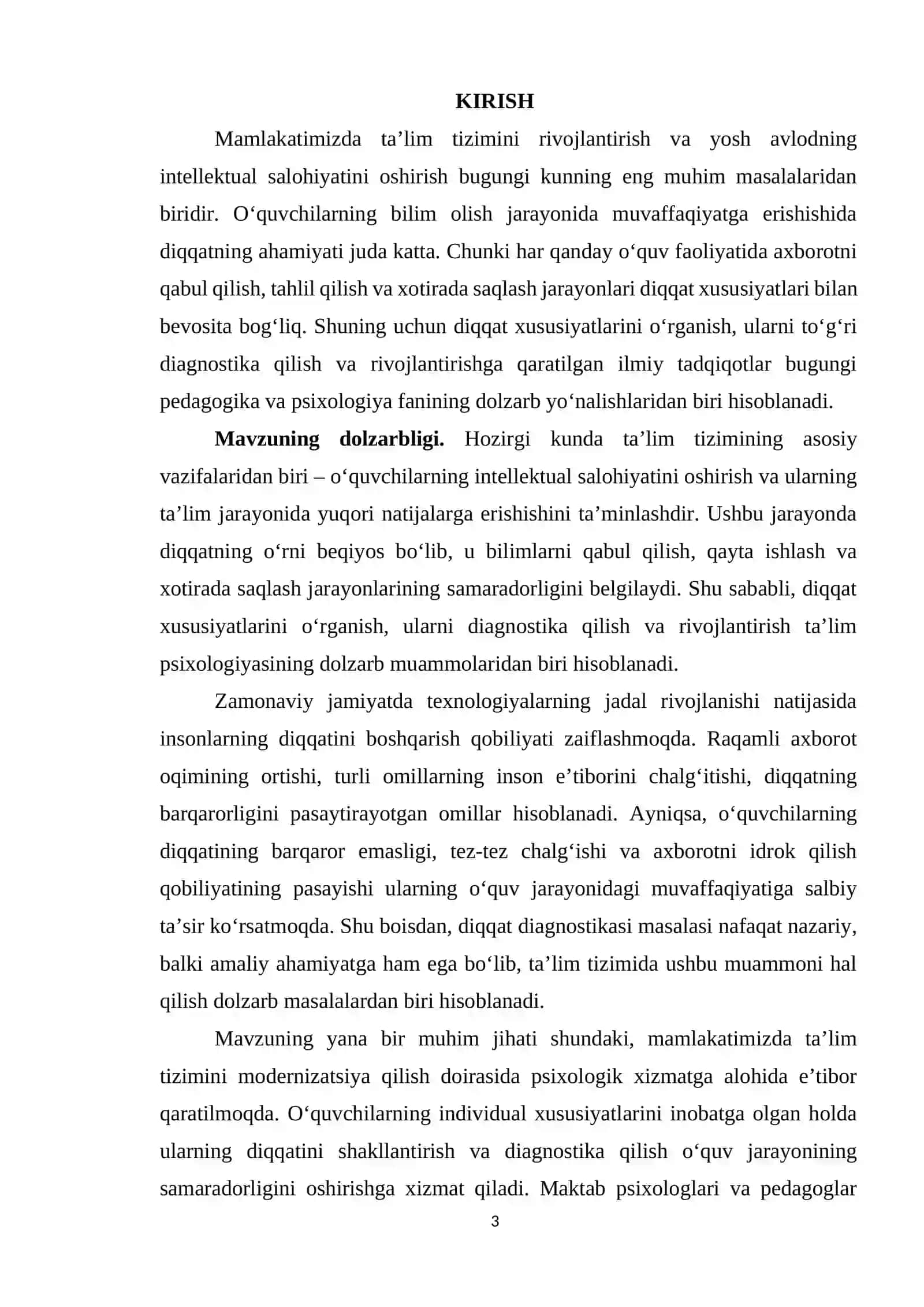Diqqat xususiyatlari diagnostikasi mavzusidagi kurs ishi 3