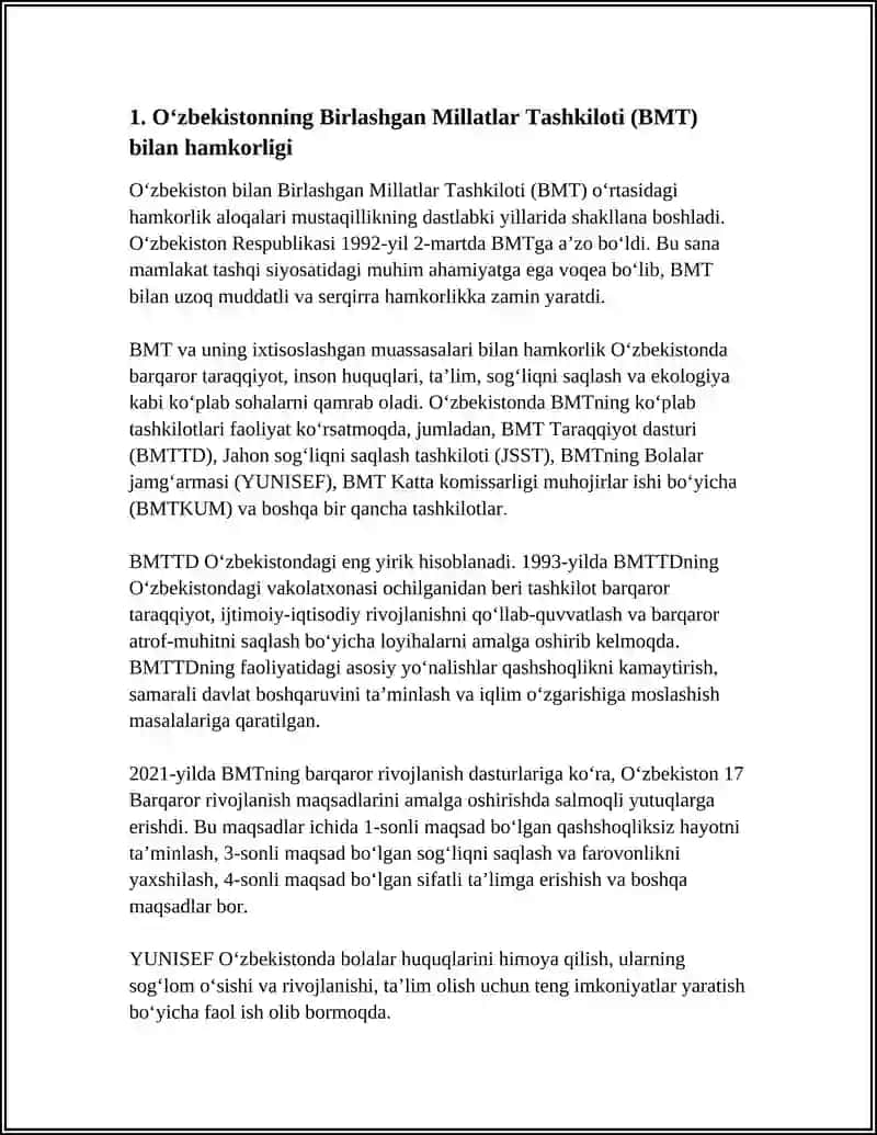 O'ZBEKISTONNING XALQARO TASHKILOTLAR BILAN HAMKORLIK ALOQALARI 3
