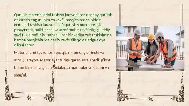 Qurilish materiallarini tashish jarayoni va xavfsizlik qoidalari 3