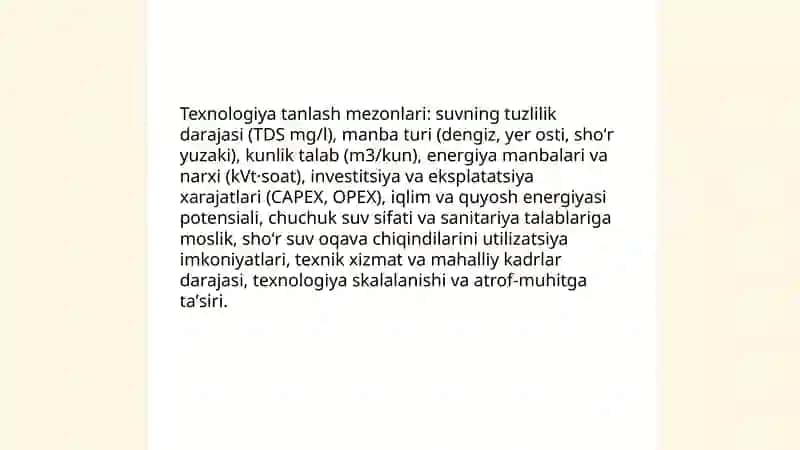 Oʻzbekiston sharoitida shoʻr suvlarni chuchuklashtirish gʻoyasini ishlab chiqish 3