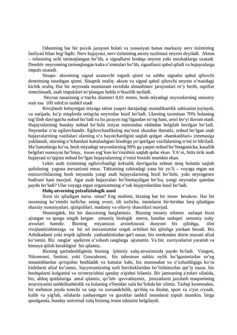 XULQ-ATVORNING PSIXOFIZIOLOGIK ASOSI. ONGNING TARAQQIYOTI VA ONGSIZLIK 3