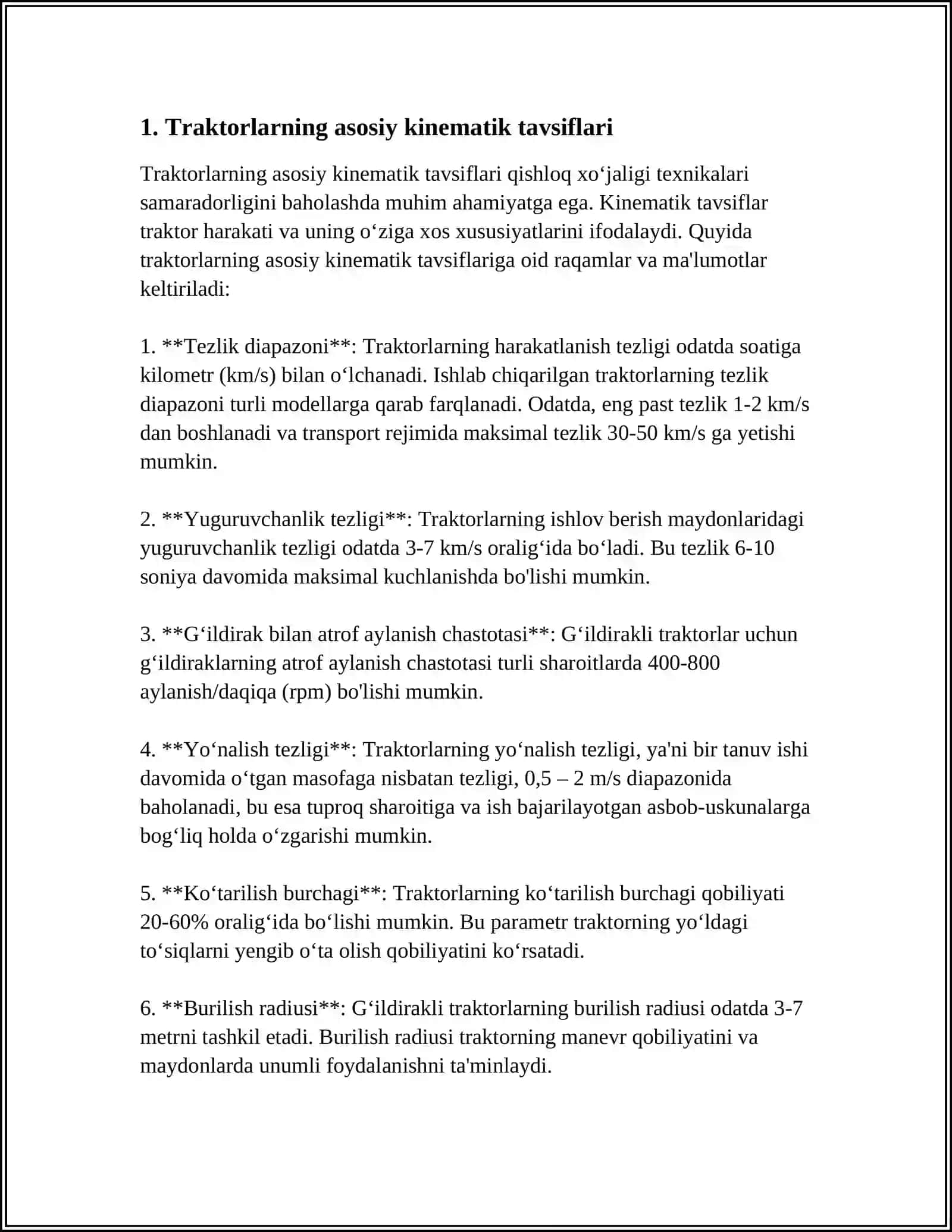TRAKTOR VA AGREGATLARNING KINEMATIK TAVSIFNOMALARI 3