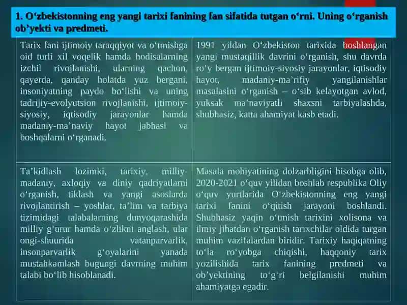"Oʻzbekistonning eng yangi tarixi" oʻquv fanining predmeti, maqsadi va vazifalari 3