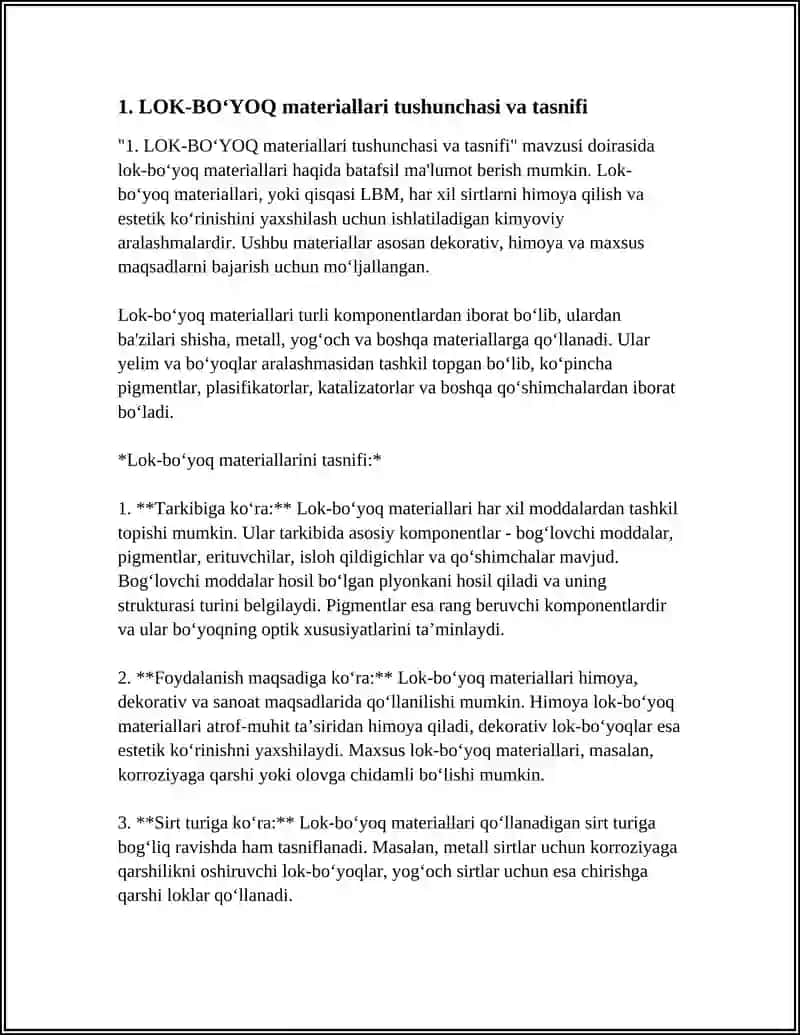 MUSTAQIL ISH Mavzu: LOK-BOʻYOQ MATERIALLARI TEXNOLOGIASINI ASOSIY TUSHUNCHALARI VA ATAMALARI 3