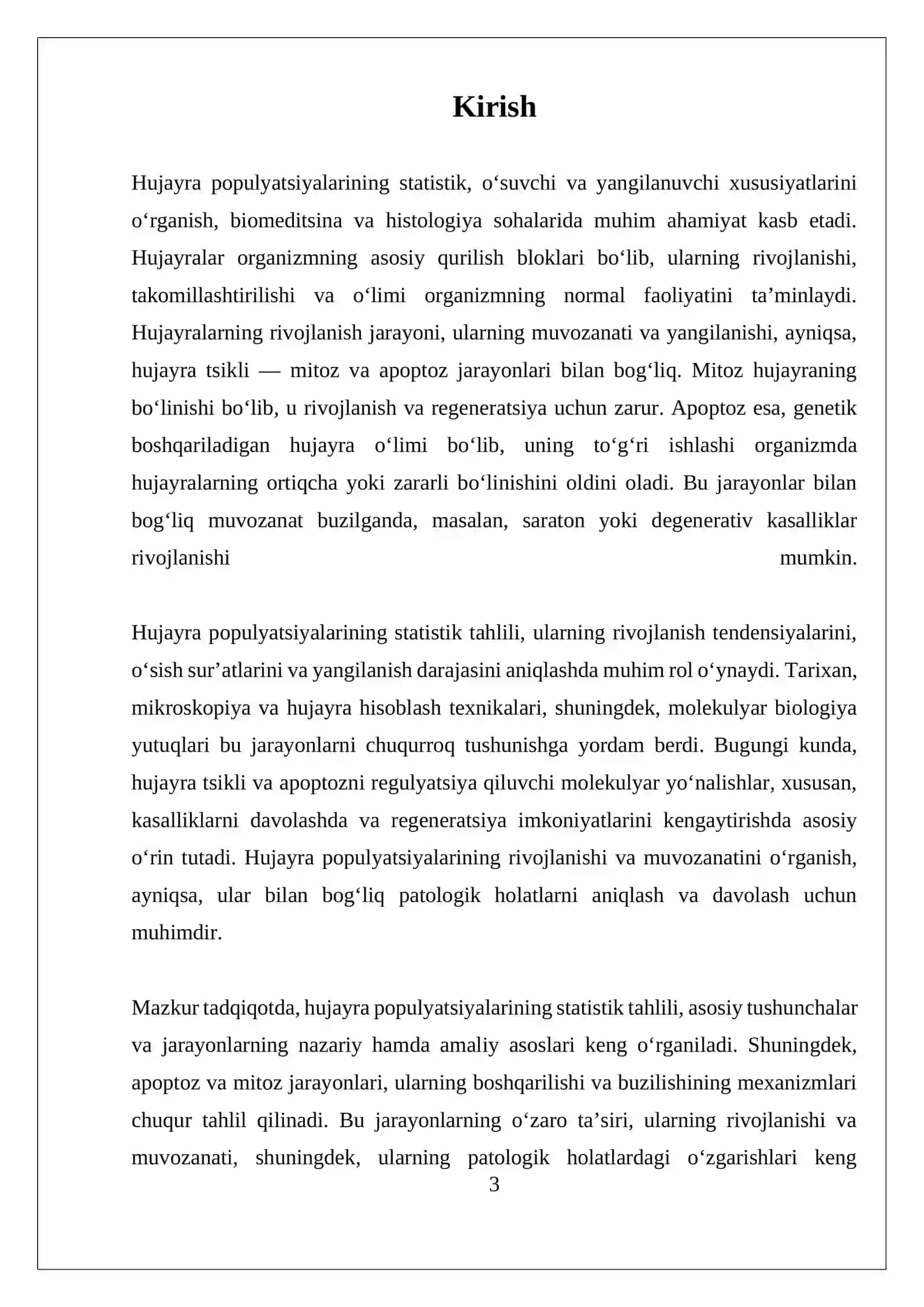 HUJAYRA POPULYATSIYALARININGSTATISTIK ,ÒSUVCHI,YANGILANUVCHI. APOPTOZ DASTURLASHTIRILGAN HUJAYRA ÒLIMI VA MITOZ AKSI 3