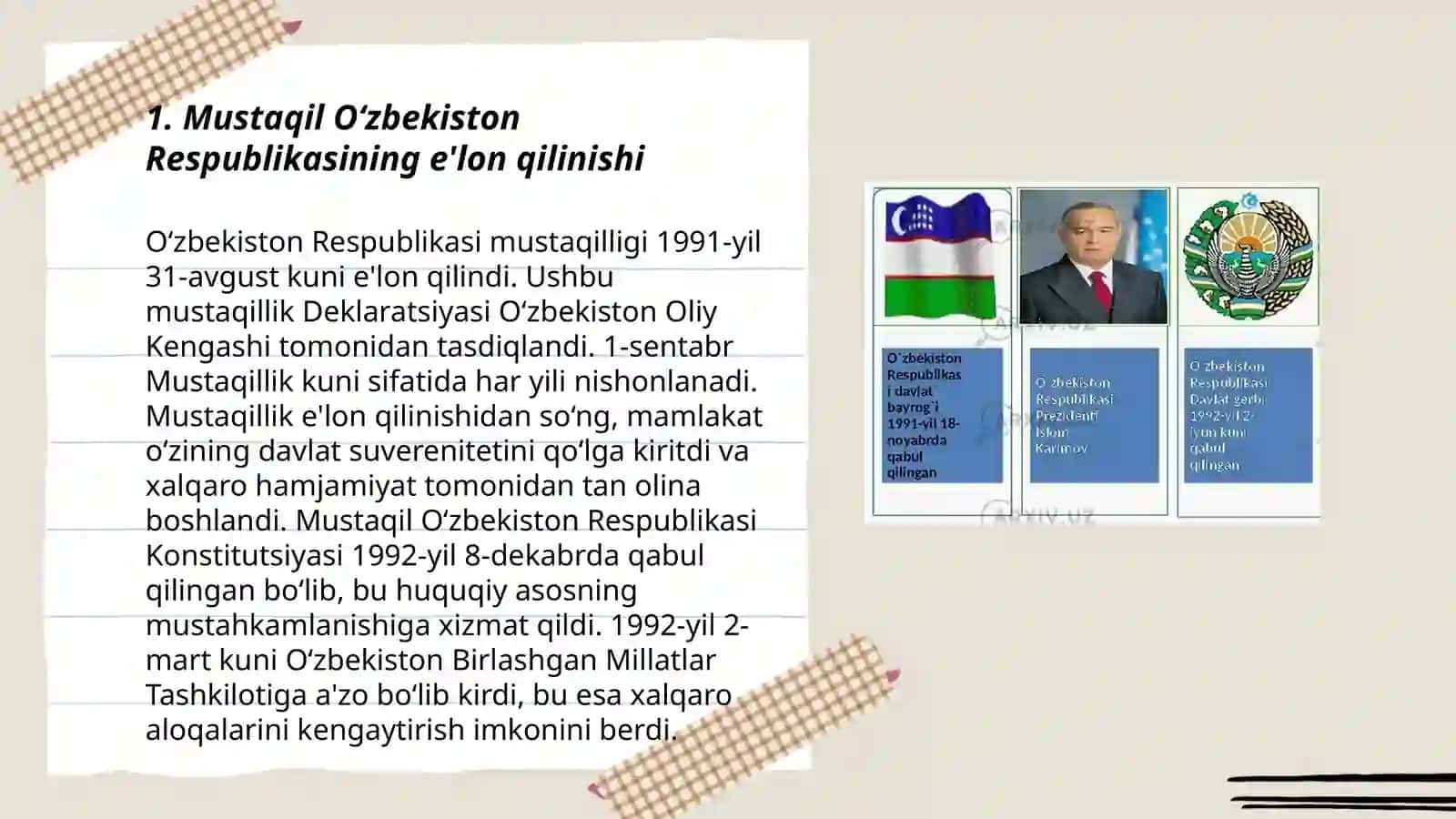 Mustaqil O‘zbekiston Respublikasi tashkil topishining tarixiy ahamiyati 3
