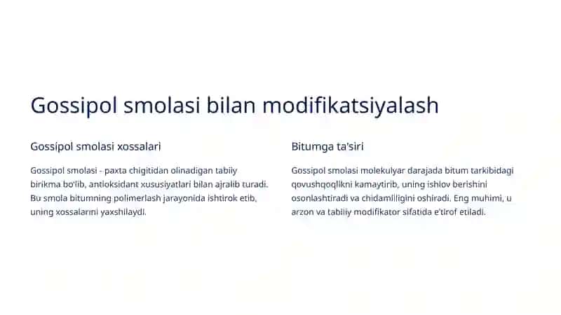Bitum  tarkibini  gossipol  smolasi  va  polimer  chiqindilari  bilan modifikatsiyalash usulida xossalarini yaxshilash 3