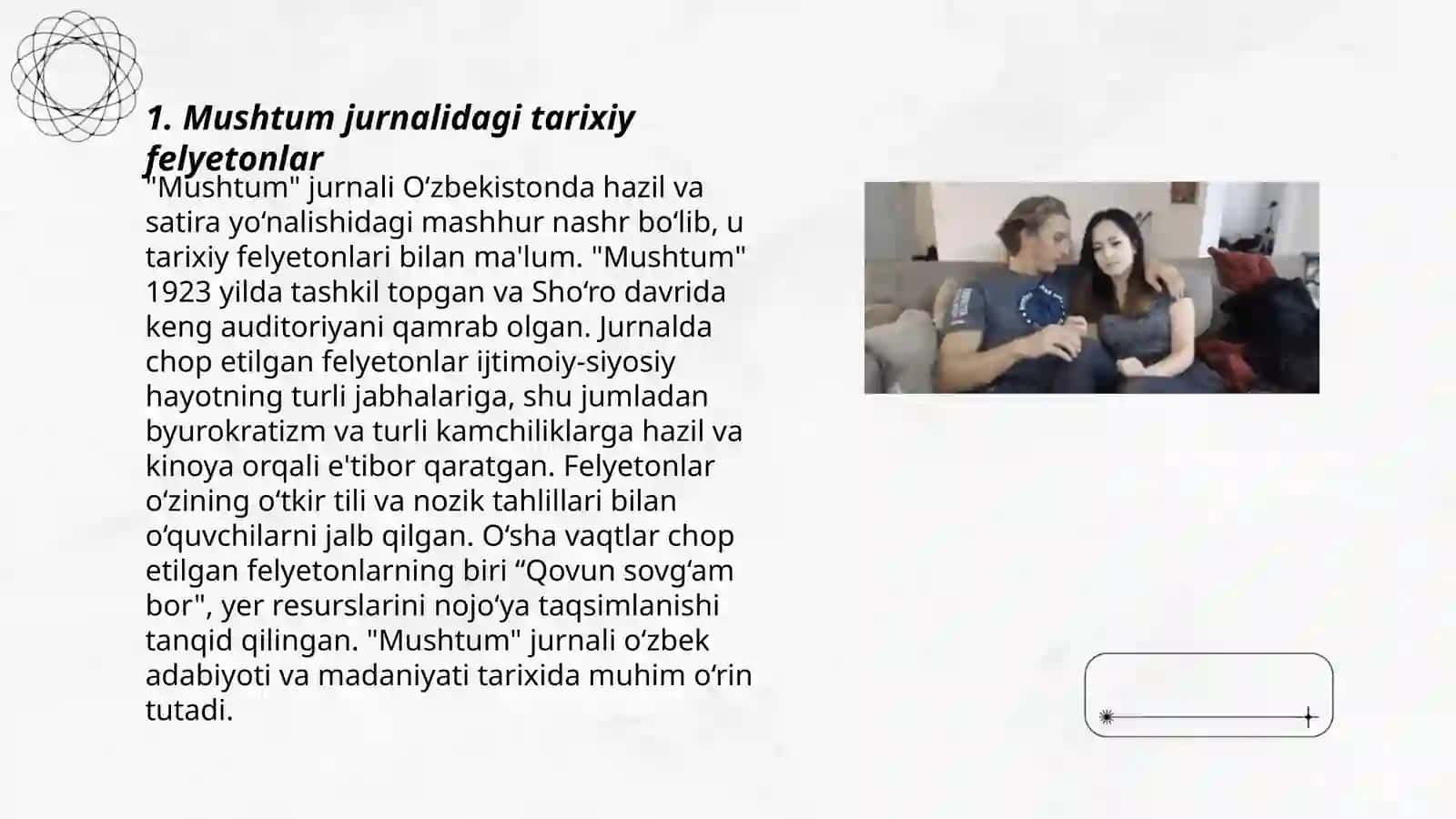 Mushtum jurnalidagi felyetonlarga taqrizlar yozib ber 3