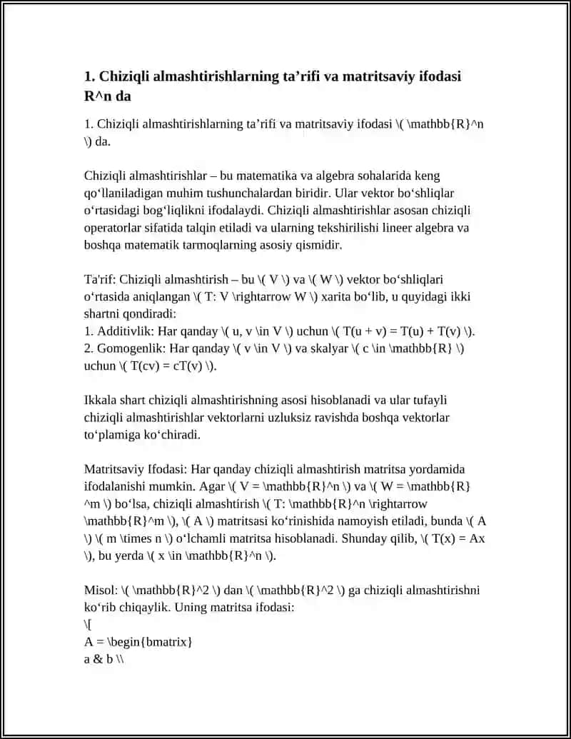 Chiziqli almashtirishlarning ta’rifi va matritsaviy ifodasi R^n da 3