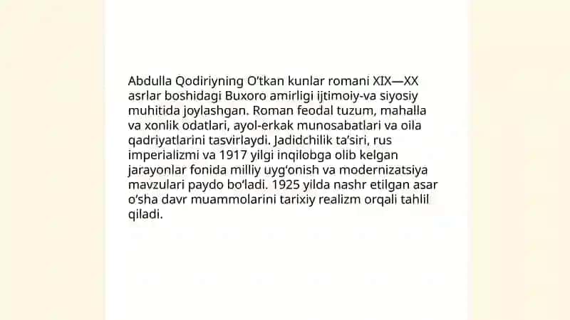 Oʻtkan kunlar romani tahlili 3
