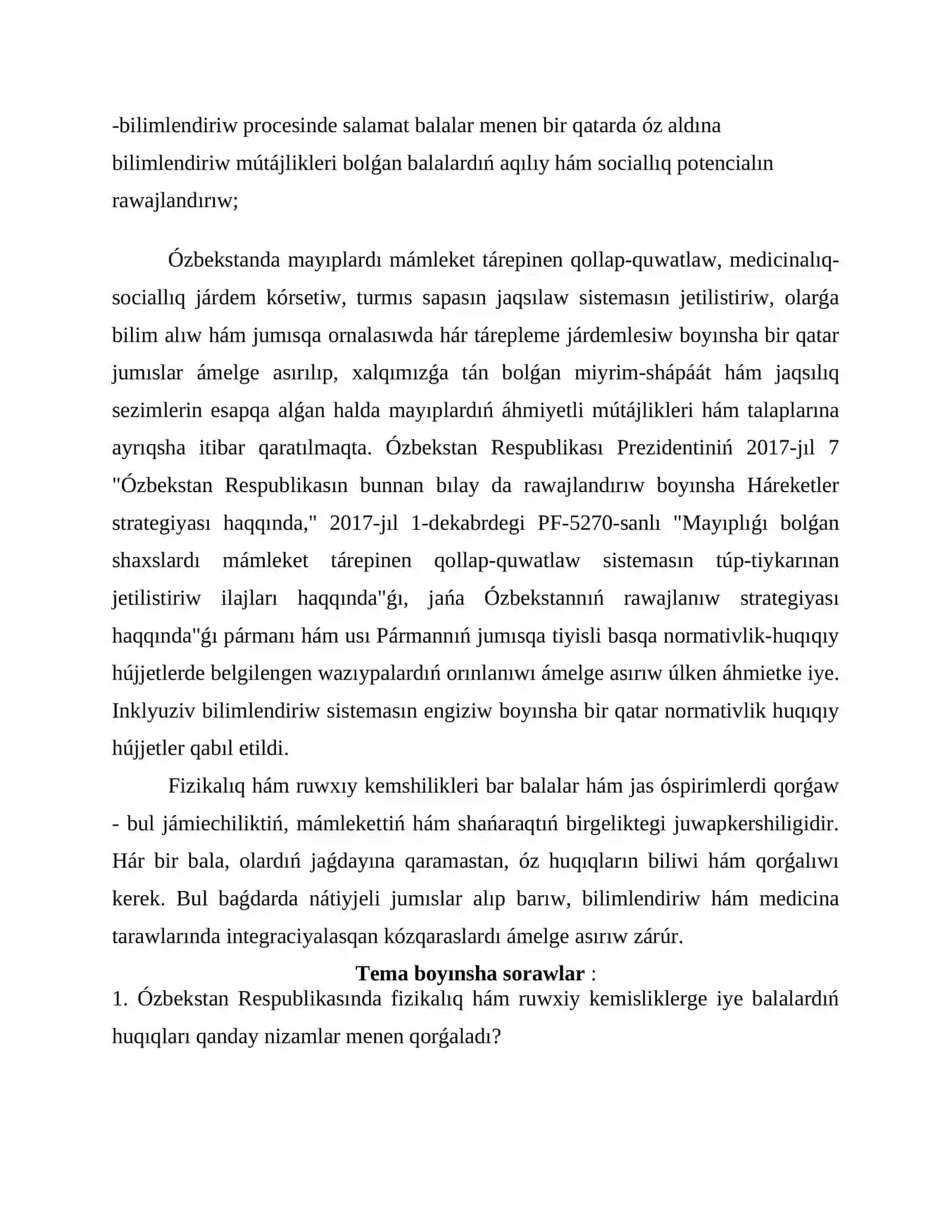 Ózbekistan Respublikasında fizikalıq hám ruwxıy nuqsanı bar balalar hám óspirimlerdi qorǵaw 3