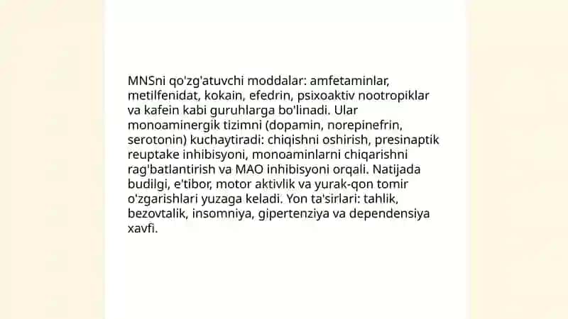 MNS faliyotini qo'zg'atuvchi moddalari farmakologiyasi 3