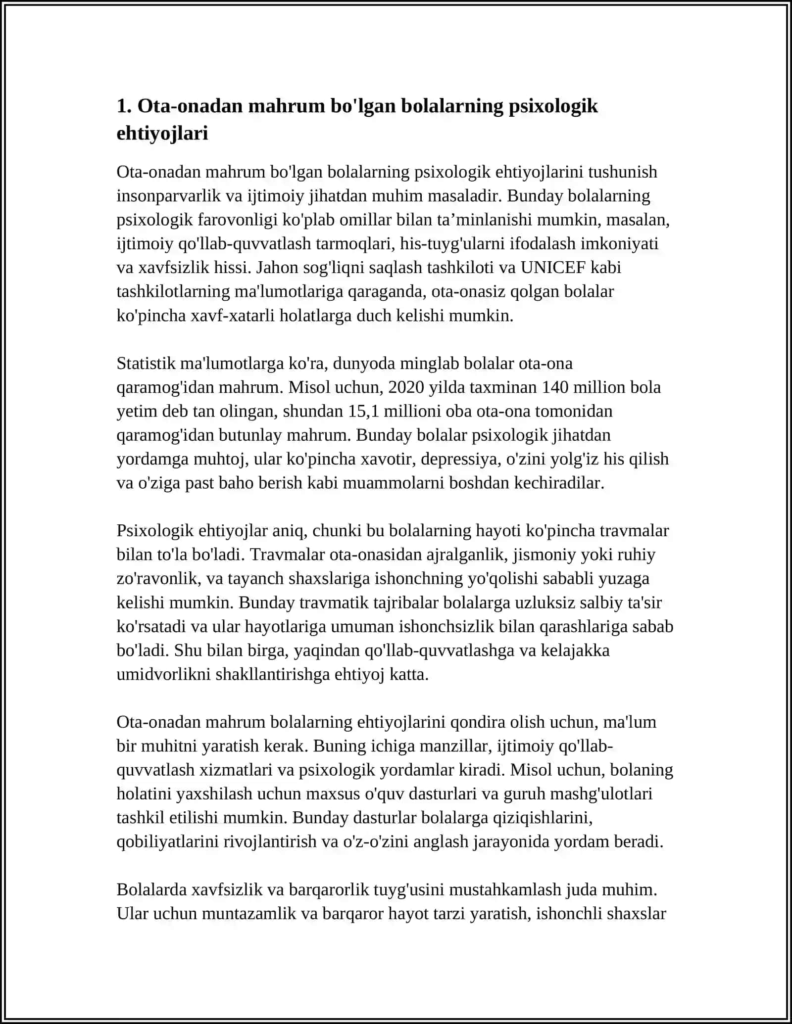 OTA-ONA QARAMOG'IDAN MAHRUM BO'LGAN BOLALAR BILAN PSIXOLOGIK REABILITATSIYA TASHKIL ETISH VA ULAR BILAN PSIXOKORREKSIYA JARAYONINI AMALGA OSHIRISH 3