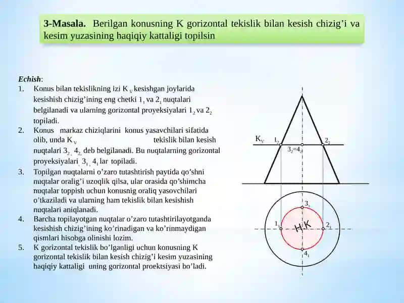 Masala. Berilgan konusning gorizontal proeksiya lovchi tekislik Q bilankesish chizigi va kesim yuzasining haqiqiy kattaligi topilsin 3