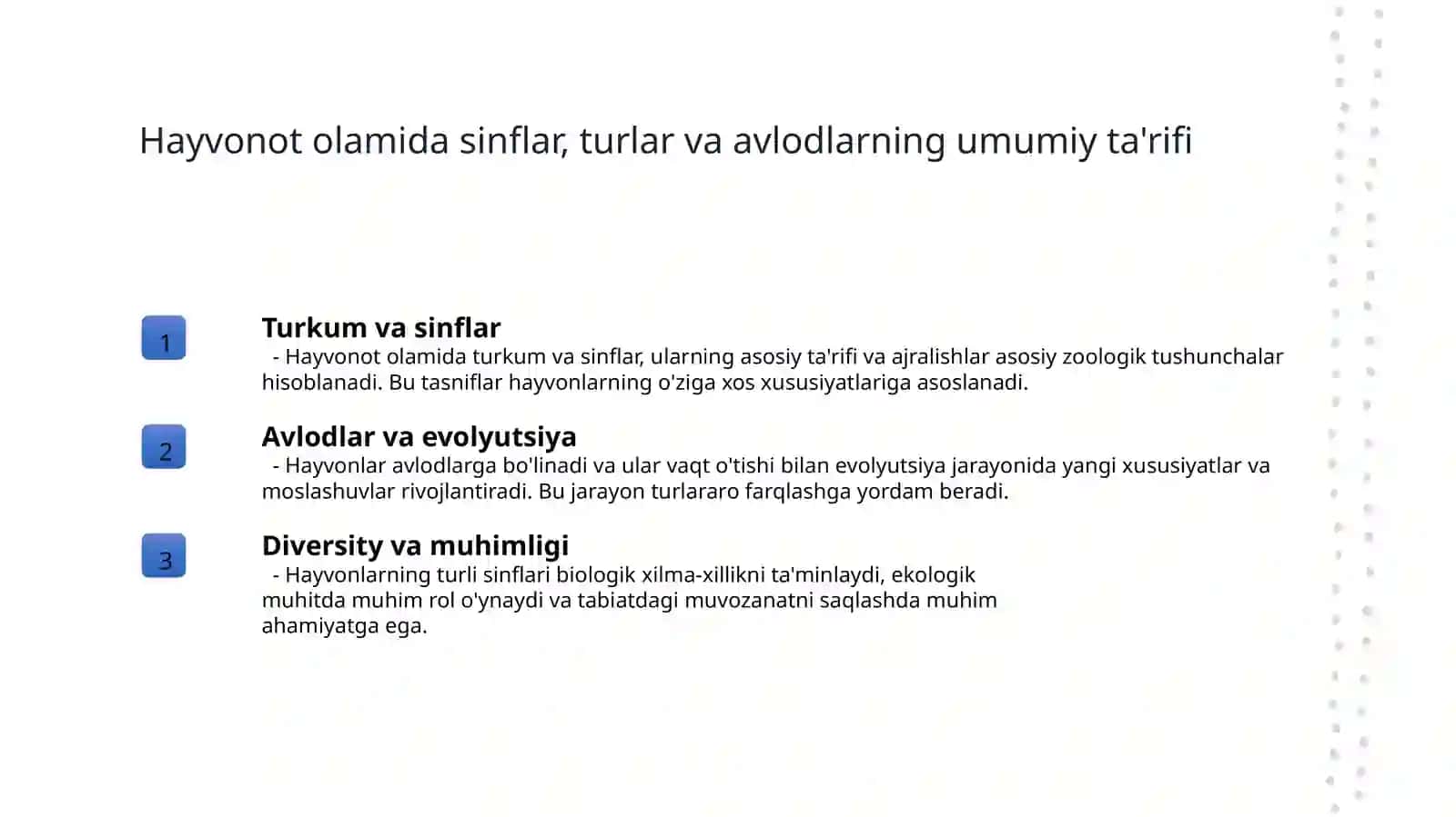 Hayvonot olamida sinf, tur va avlod . Baliqlar . Sudralib yuruvchilar . Qushlar. Sut emizuvchilar sinfi 3