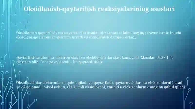 Oksidlanish-qaytarilish reaksiyalarining turlari va ahamiyati 3