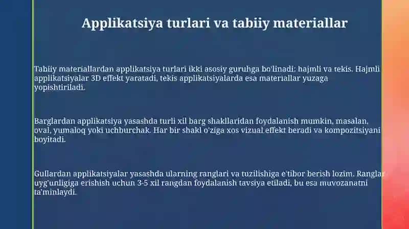 Applikatsiya turlari va tabiiy materiallar 3