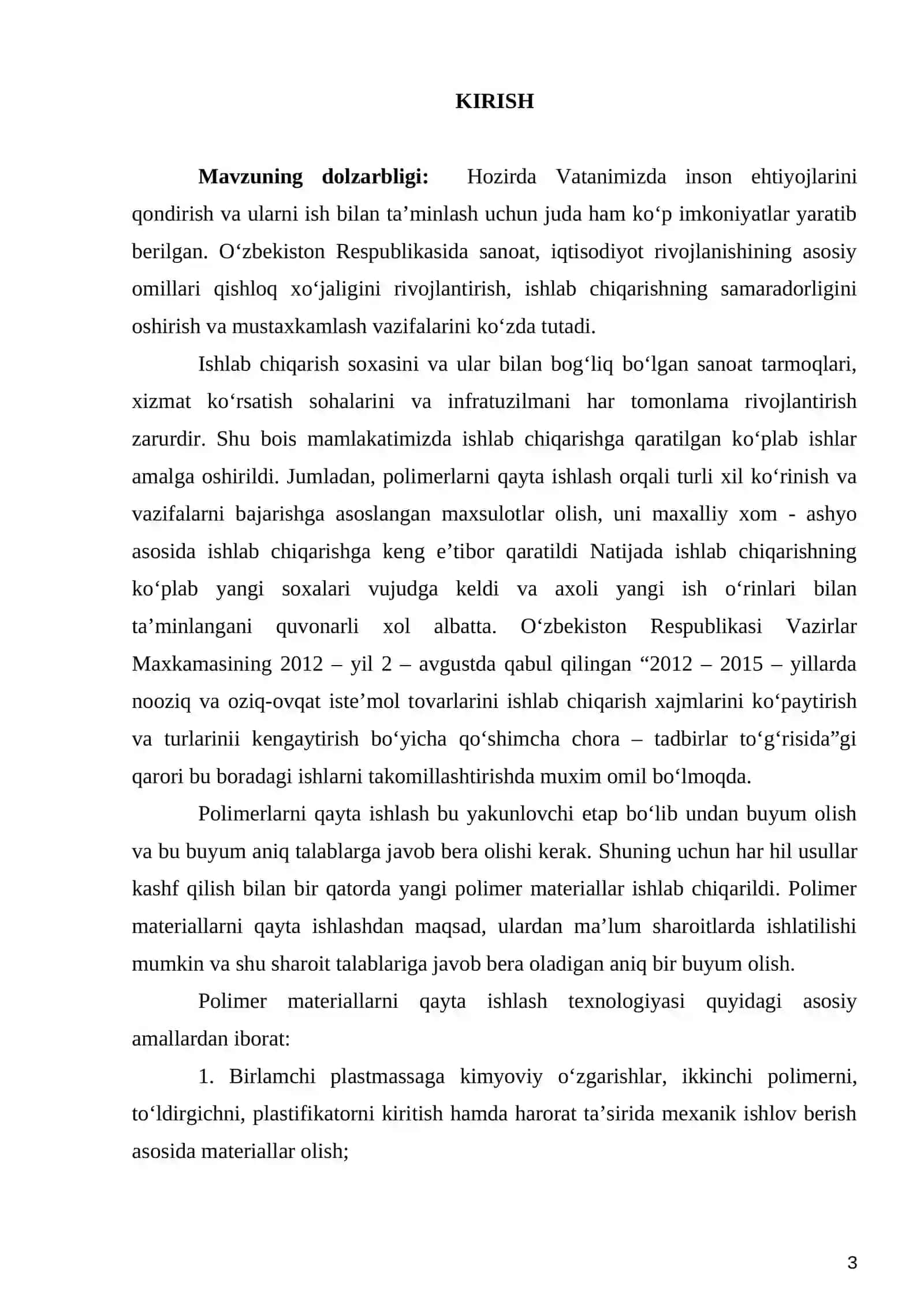 Ekstruziya usuli bilan polietilen asosida issiqxona uchun mo’ljallangan plyonka olish bo’limining loyihasi 3