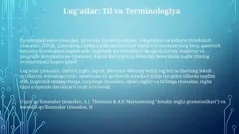 Oʻquv va metodik qoʻllanmalar lugʻatlar qomuslar axborot - maʼlumot manbalari 3
