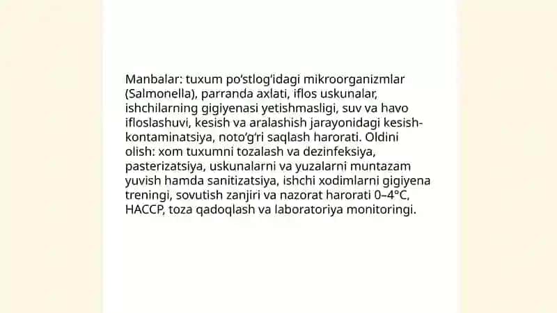 Oziq-ovqat sanoatida (tuxum mahsulotlari ishlab chiqarishda mikroorganizmlarning oʻrni) 3