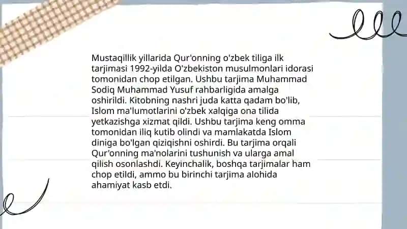 Qur'onning o‘zbek tiliga tarjima qilinishi va tasvirlanishi 3
