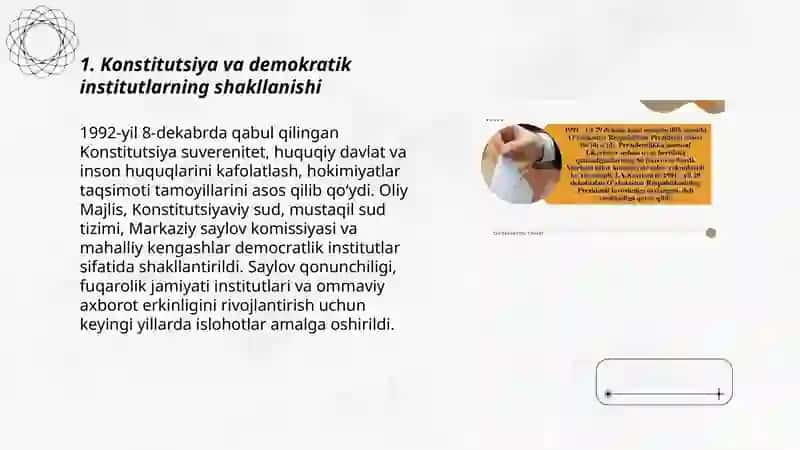 O‘ZBEKISTONDA DEMOKRATIK, FUQAROLIK JAMIYATI ASOSLARINING SHAKLLANISHI, AMALGA OSHIRILGAN SIYOSIY ISLOHOTLAR 3