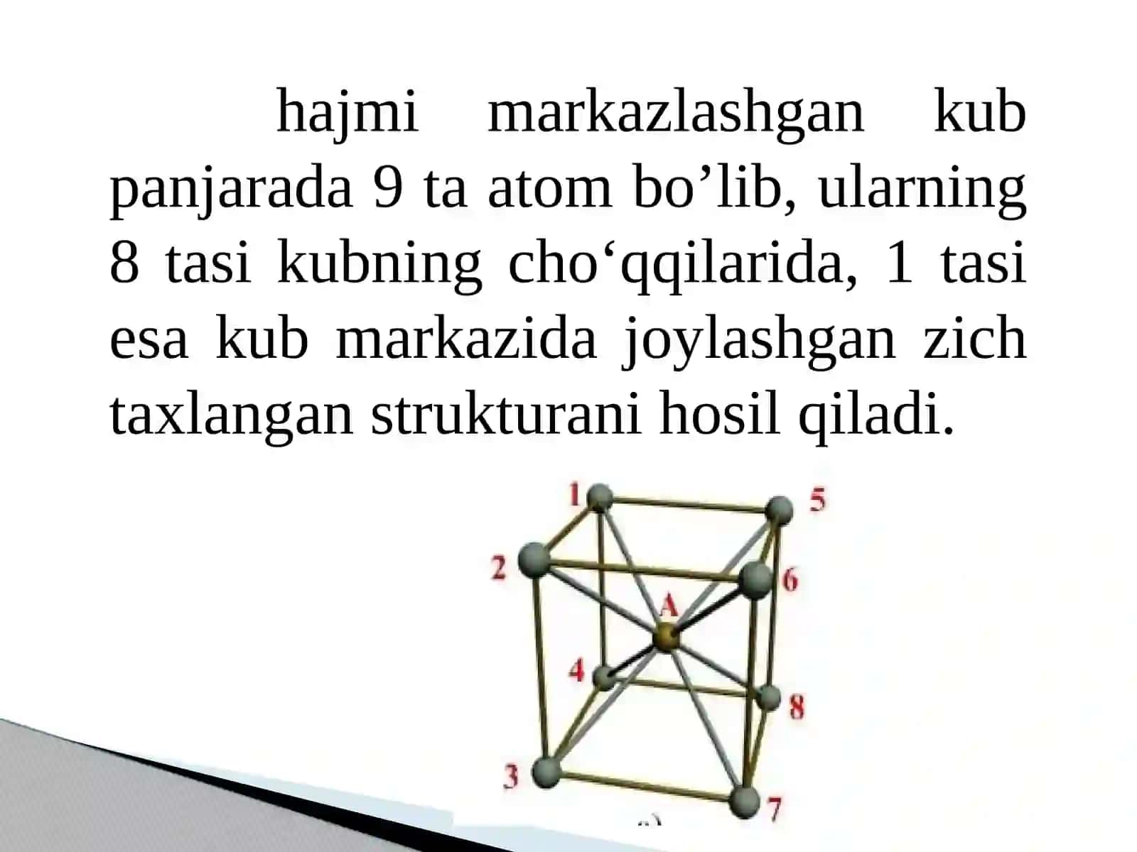 Hajmi markazlashgan kub yacheykaga tegishli bo‘lgan atomlar sonini aniqlash uchun matematik topshiriqlar 3