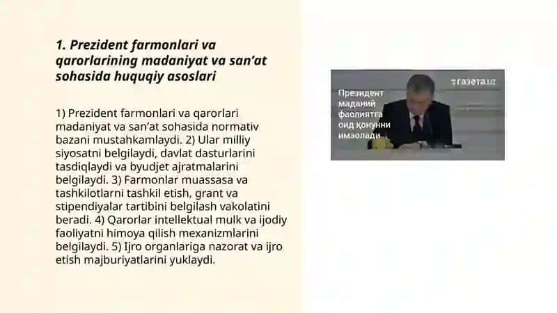 Madaniyat va sanʼat sohasiga oid Prezident farmoni va qarorlari muhokamasi boshqaruvi 3