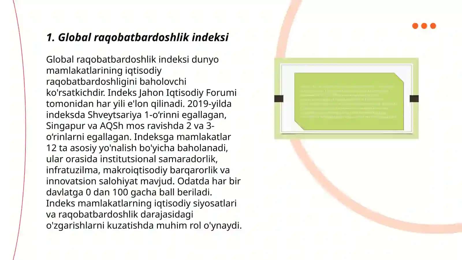 Iqtisodiy va ijtimoiy sohadagi (14ta) ustuvor xalqaro reytinglar va ularga O‘zbekistonning integratsiyalashuvi 3