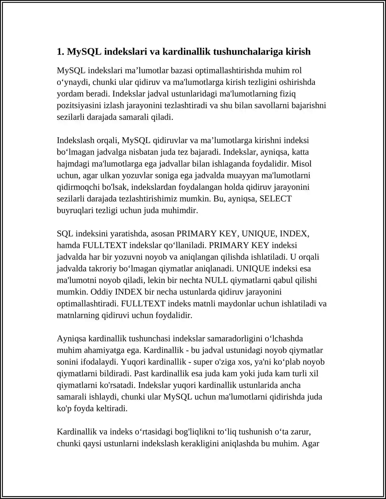 MYSQLDA INDEXING VA CARDINALITY TUSHUNCHALARINING BOĞLIQLIGI 3