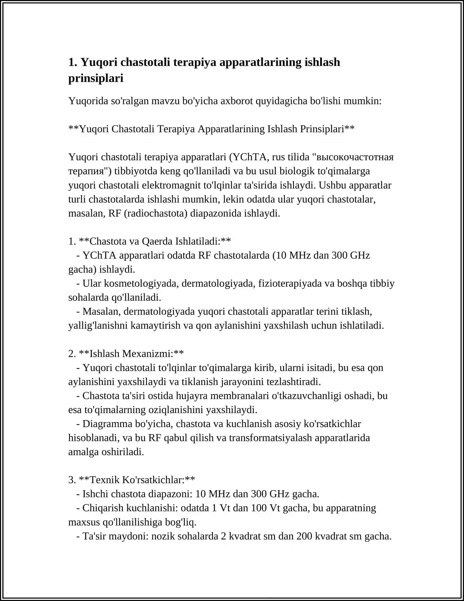 PAST VA YUQORI CHASTOTALI FIZIOTERAPEVTIK APPARATLAR.ULARNI ISHLASHINING FIZIK ASOSLARI 3