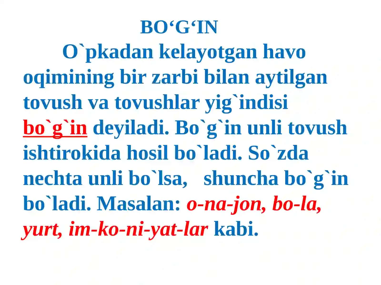 Bo‘g‘in va uning turlari. Bo‘g‘in ko‘chirish qoidalari.Urg‘u va uning nutqdagi ahamiyati 3