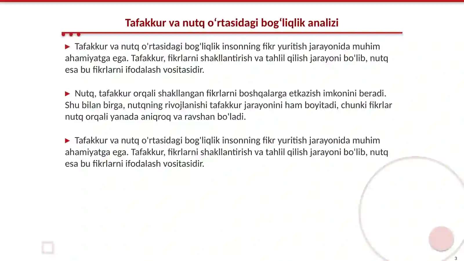 Tafakkur va nutq o‘rtasidagi bog‘liqlikni izohlang 3