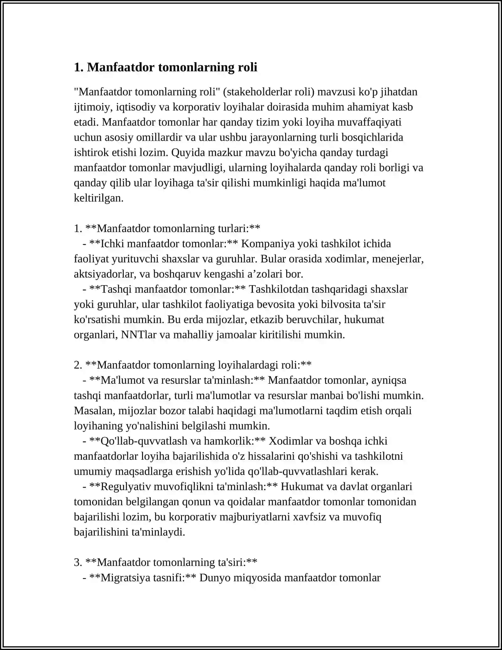 MANFAATDOR TOMONLAR, ULARNING BOG'LIQLIGI VA ULARNING O'RTASIDAGI ZIDDIYAT 3