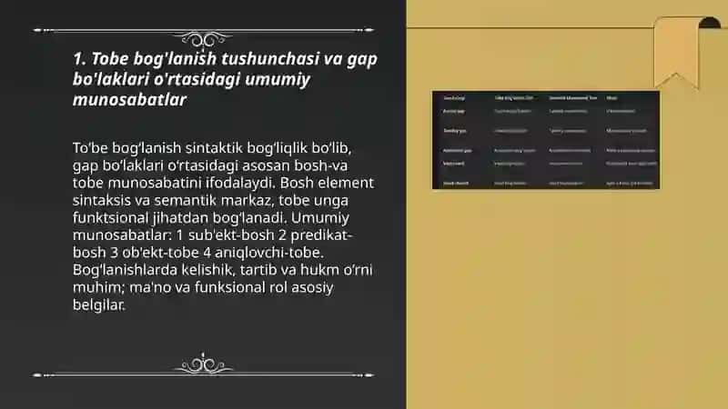 Tobe bog'lanish va gap bo'laklari o'rtasidagi sintaktik munosabatlar 3