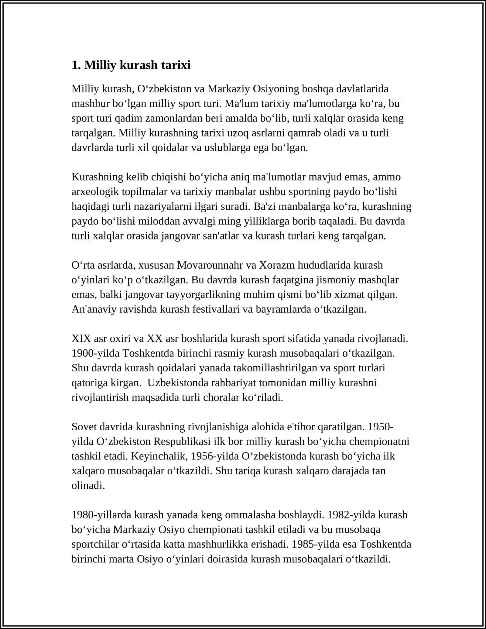 MILLIY KURASHI TARIXI RIVOJLANISHI QOIDALARI VA MUSOBAQA O'TKAZISH TARTIBI REFERAT 3