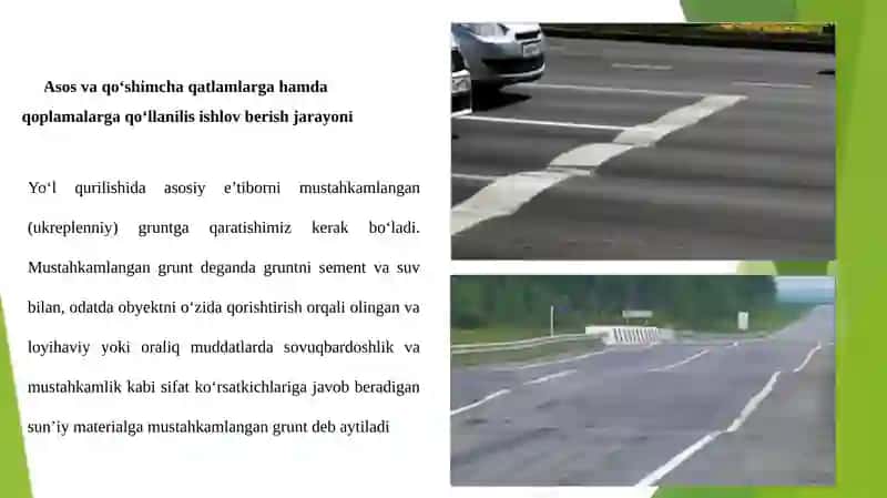Yo'lvaaerodromlar uchun organik bog'lovchi materiallar bilan ishlovberilgan materiallar 3