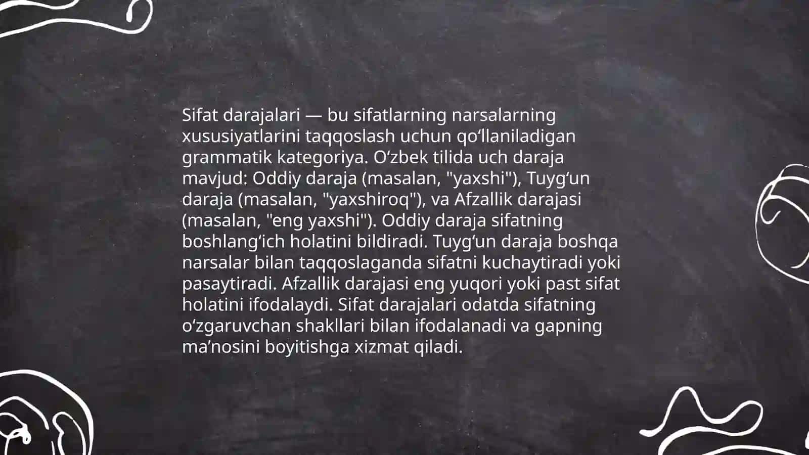Sifat va ravishlarda belgining ortiqligi yoki kamligini ifodalovchi shakllar.Daraja formasi 3