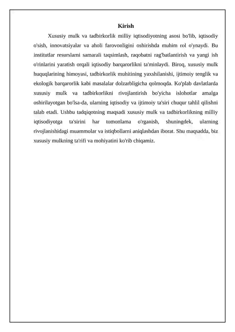 Xususiy tannoq va tadbirkorlikning milliy iqtisodiyotda tutgan o'rni hamda ijtimoiy-iqtisodiy 3