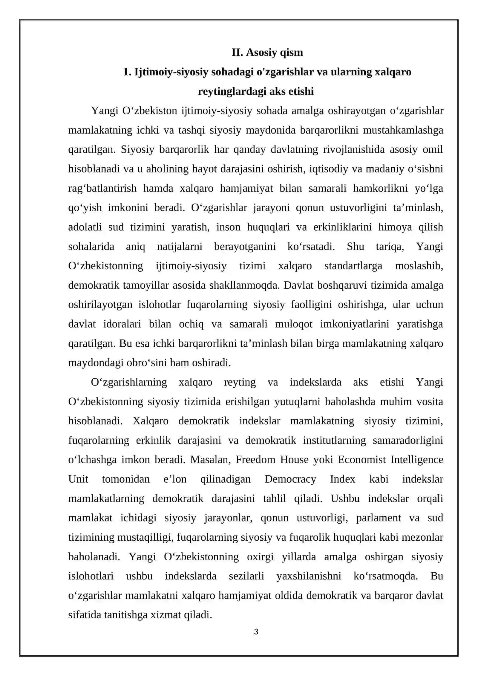 Yangi O'zbekiston Ijtimoiy-siyosiy, iqtisodiy va madaniy hayotida ro'y berayotgan o'zgarishlarning xalqaro reyting va indekslarda aks etishi 3