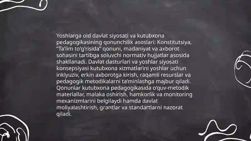 Kutubxona pedagogikasi yoshlarga oid davlat siyosati bilan bogʻliqligi oʻziga xos xususiyatlari 3