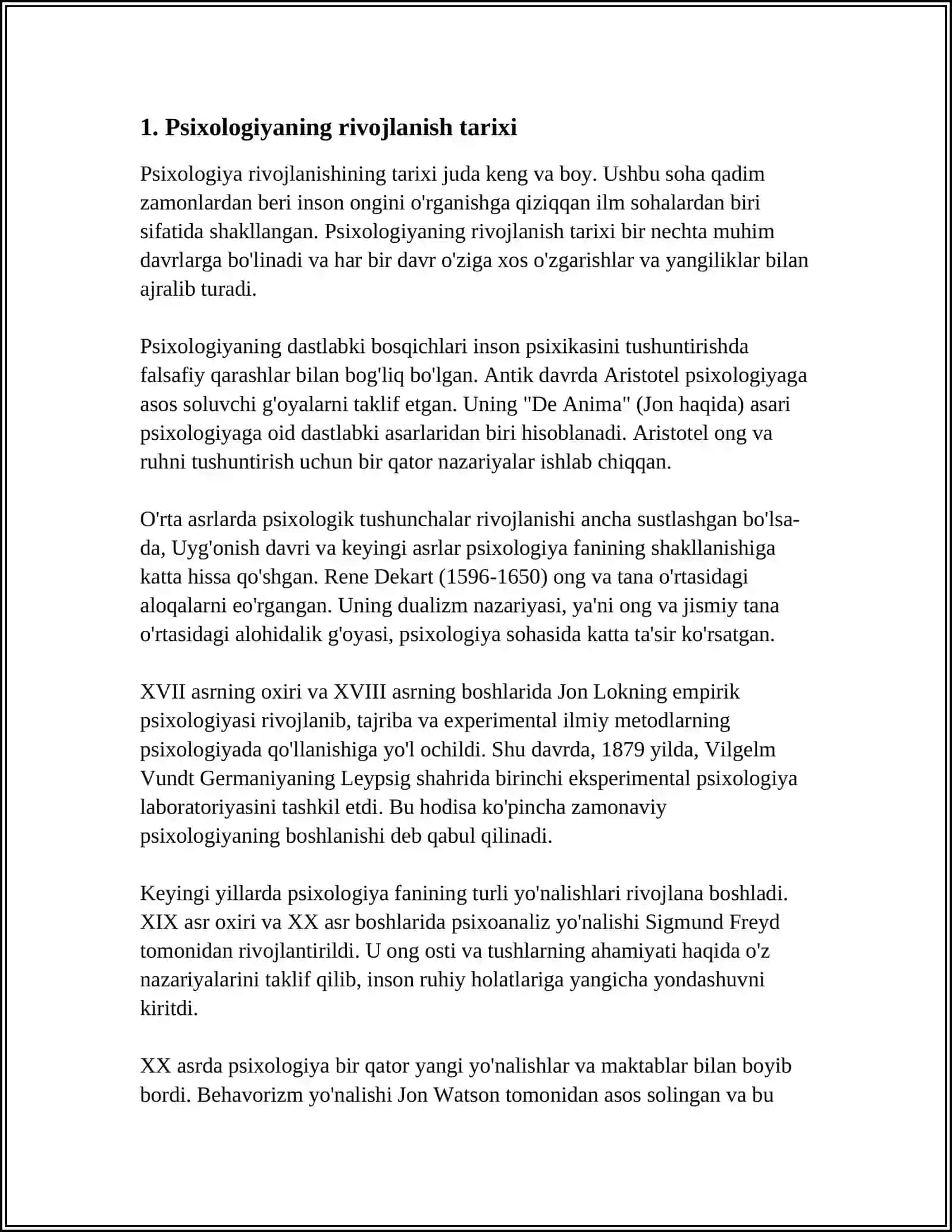PSIXOLOGIYANING TARIXI PSIXOLOGIYANING O‘RGANILGAN MUOMMOLARI PSIXOLOGIYANING TURLARI 3