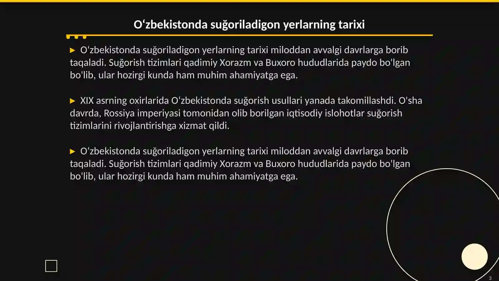 Oʻzbekistonda suğoriladigon yerlardan foydalanish va uning hozirgi holati 3