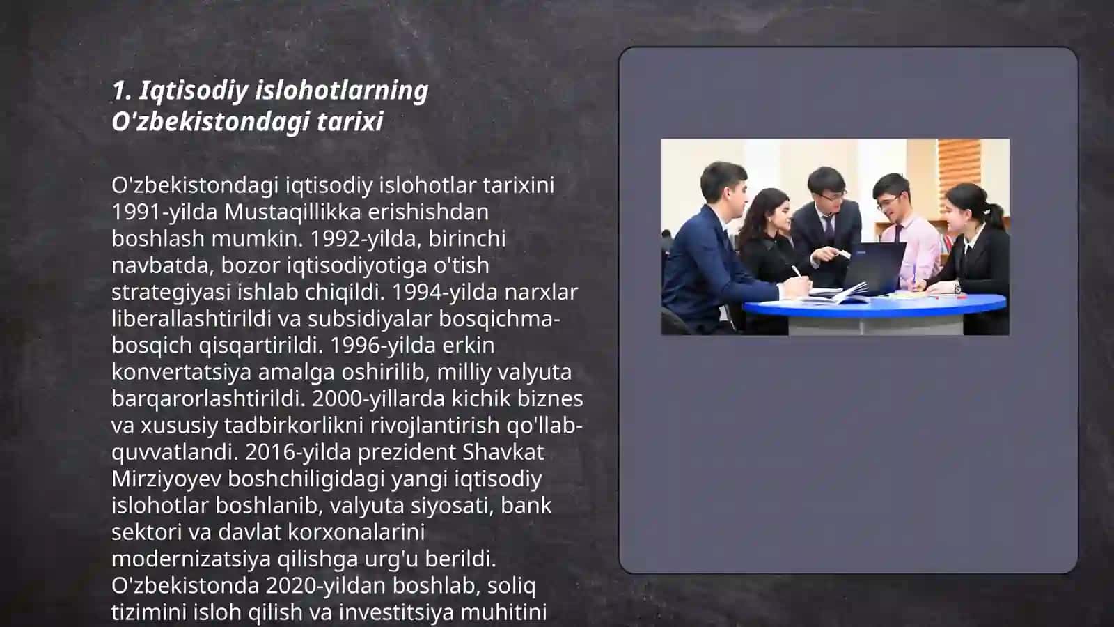 Iqtisodiy islohotlar xususiy mulkchilikning shakllanishi.Õzbekistonda bozor munosabatlarining rivojlanishi 3